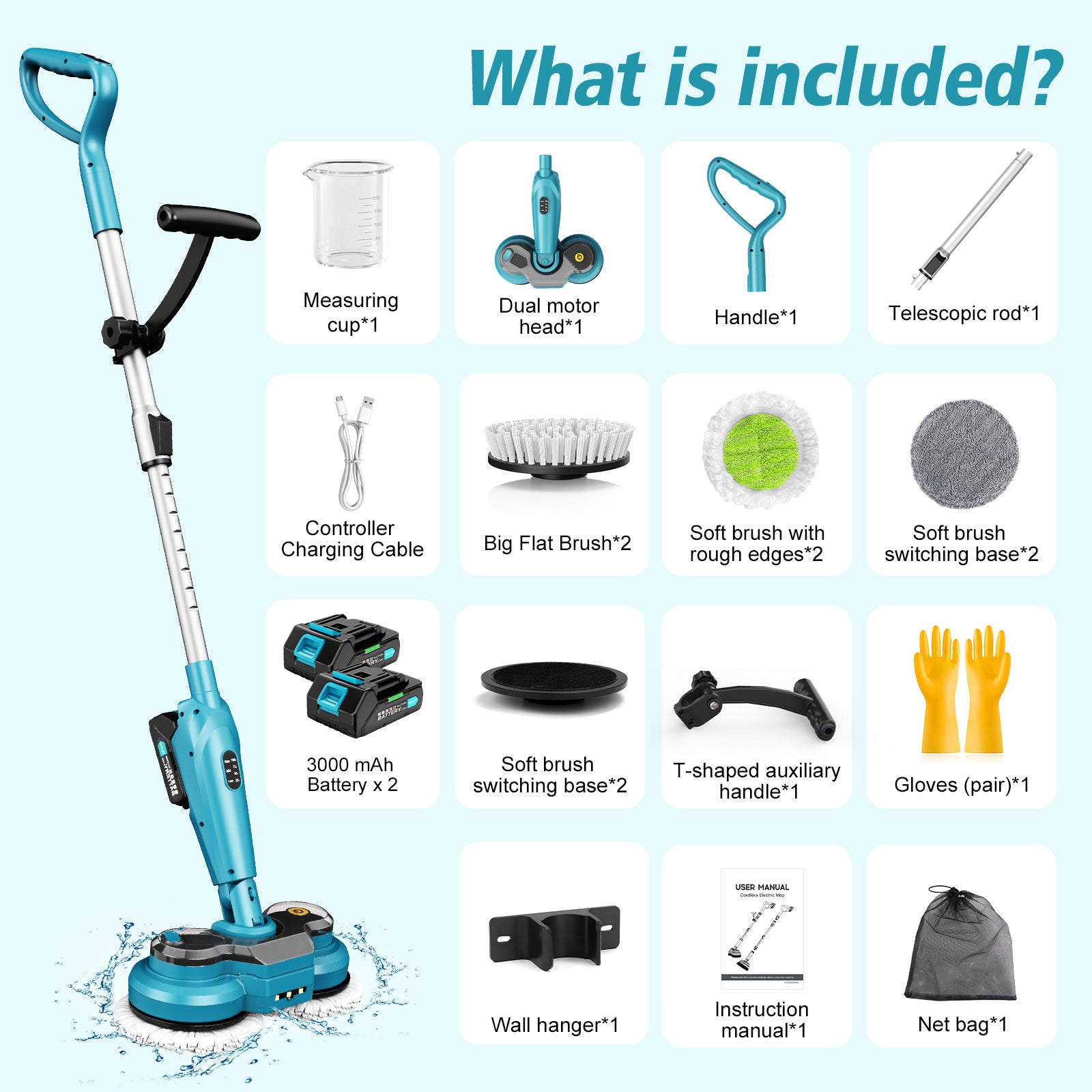 Amiluo Cordless Electric Mop, 800 RPM Dual-Motor Power Spin Mop for Floor Cleaning with 6,000 mAh Large Battery, Water Spray, LED Headlights & Smart Display, Self-Propelled for Multi-Surface, M2
