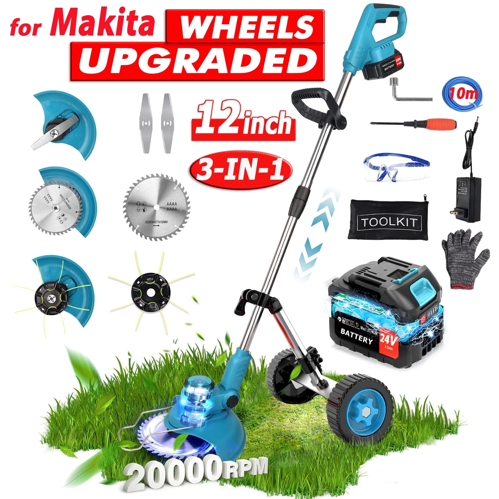 Grass Trimmer Cordless Electric String Trimmer & Edger, Tanbaby 3 in 1 Weed Wacker Kit with 3.0Ah Battery & Charger