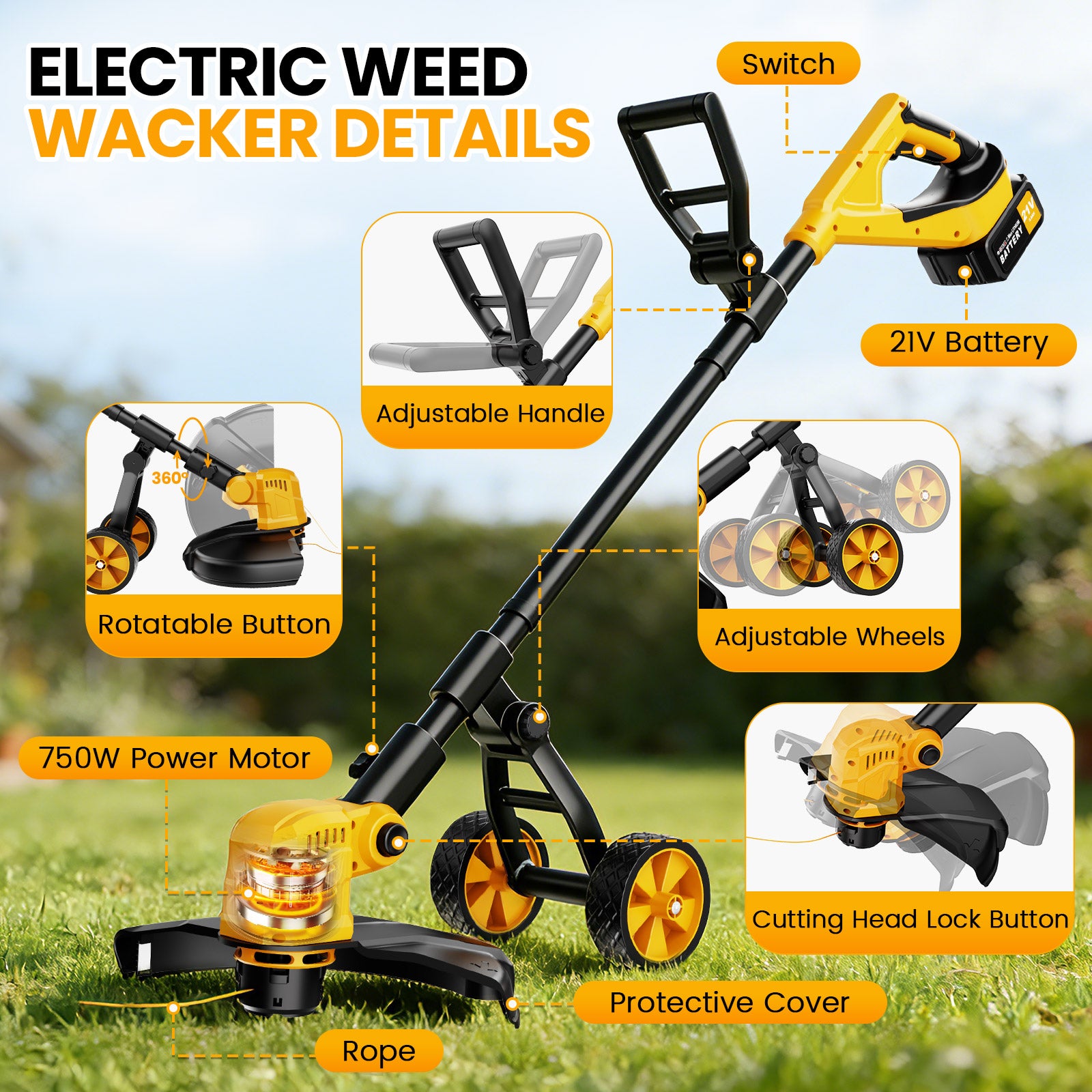 Lemolifys 12-inch Cordless String Trimmer with Wheels, 21V Batterry and 8Pcs Line for Yard Garden