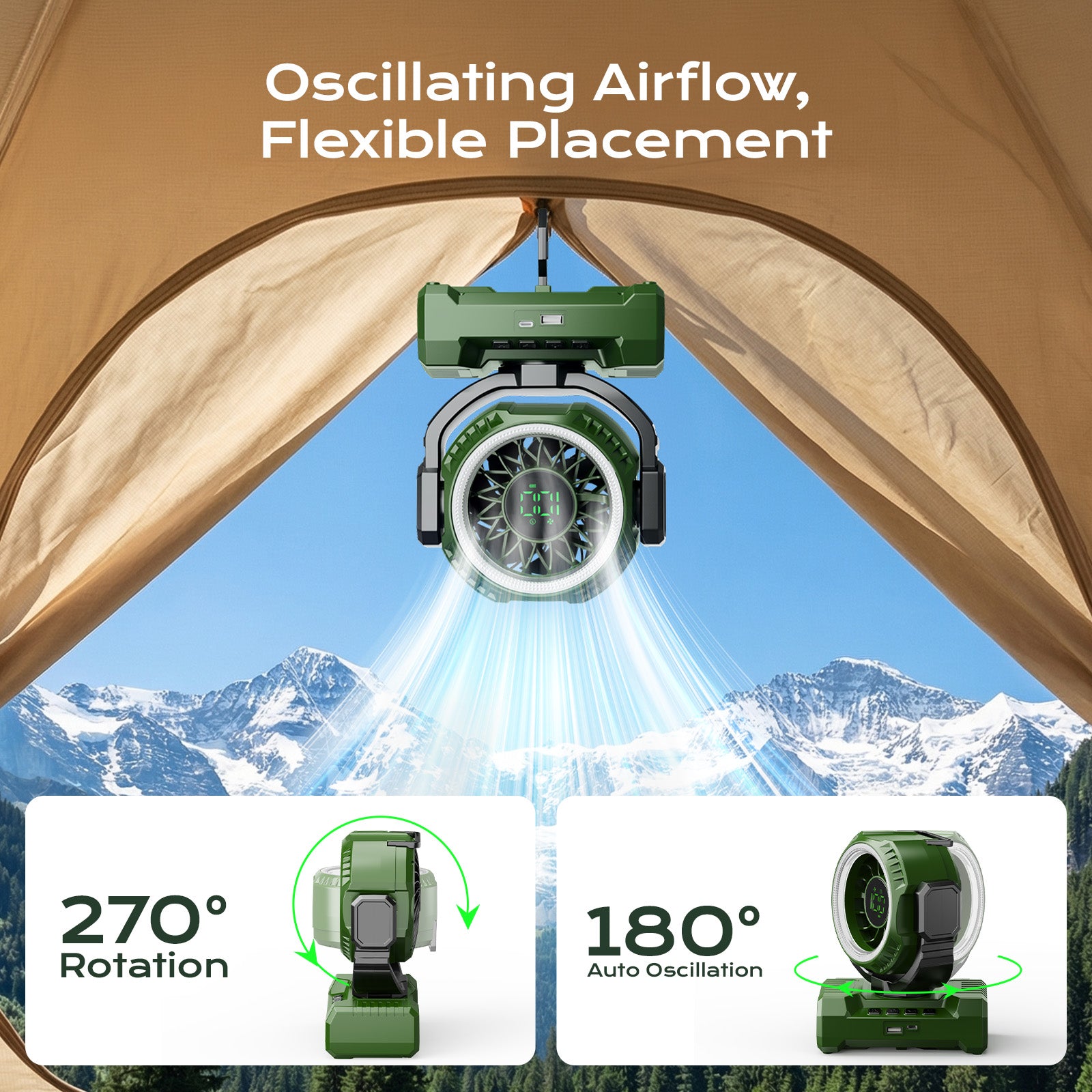 Fimilo 20000mAh Camping Fan with Light, Portable Fan Rechargeable with Hook, 100 Speeds, Remote, Timer, 180° Oscillation, Battery Powered for Outdoor Tent Beach Travel