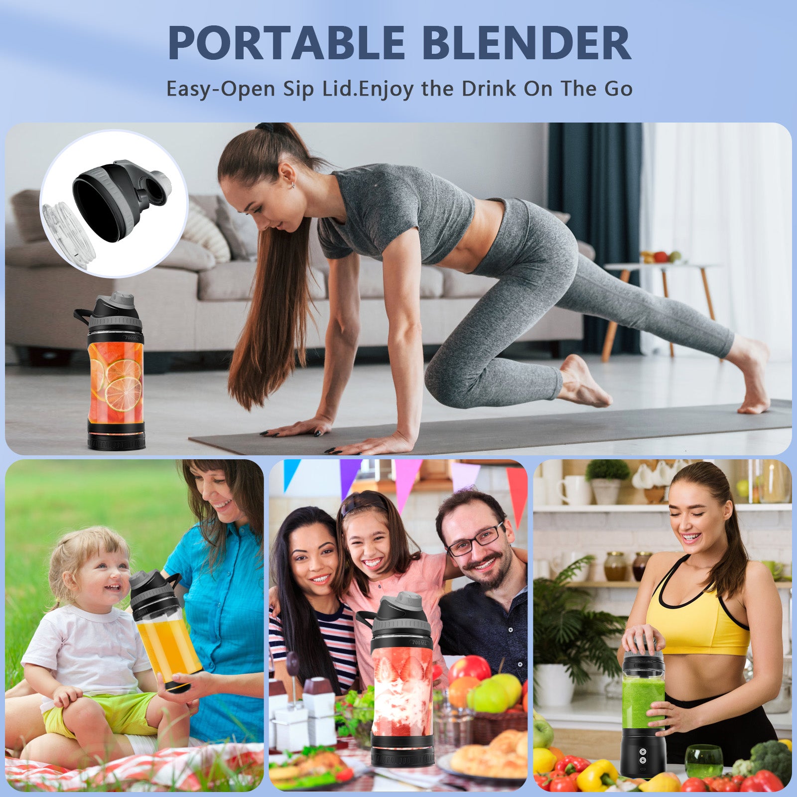 Portable Blender,Veubew Personal Blender 240 Watt for Shakes and Smoothies with 6 Metal Blades, 24 oz Mini Blender Cup with Travel Lid and USB Rechargeable for Office, Gym, Kitchen (Black)