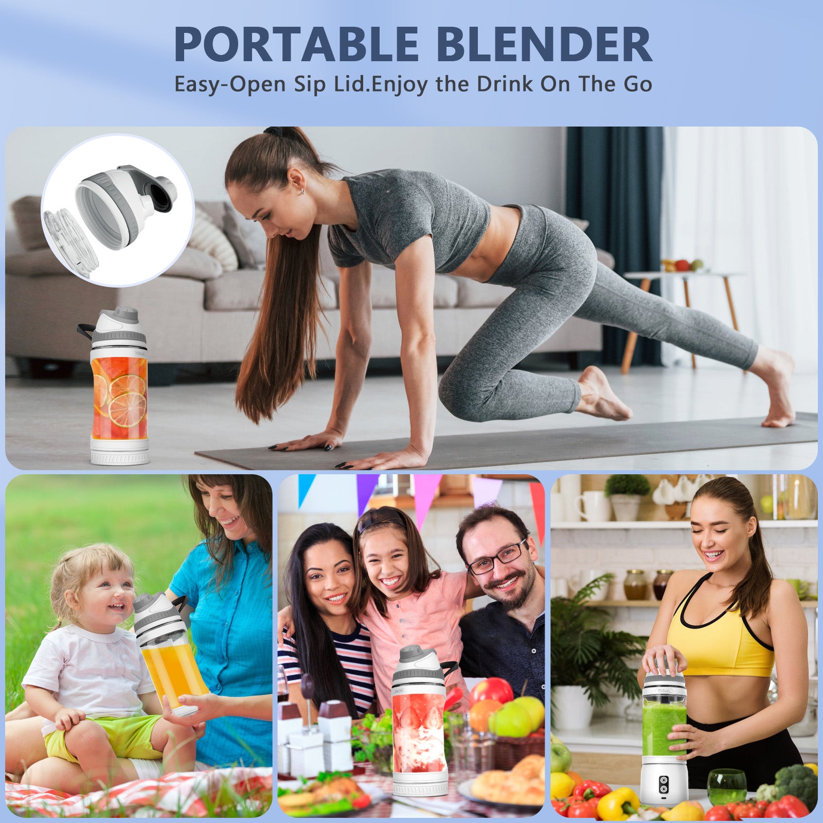 Portable Blender,Veubew Personal Blender 240 Watt for Shakes and Smoothies with 6 Metal Blades, 24 oz Mini Blender Cup with Travel Lid and USB Rechargeable for Office, Gym, Kitchen (Gray)