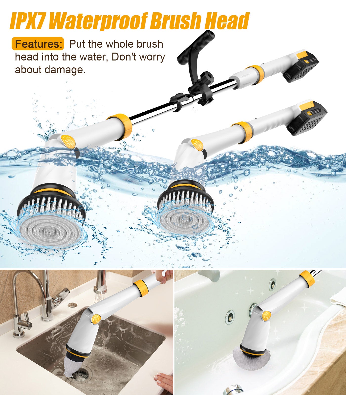 Amiluo Electric Spin Scrubber, Extra Large Brush, 6000 mAh Best Battery Power Scrubber, 1200 RPM Cordless Bathroom Cleaning Brush with Extension Handle, 8 Replaceable Heads for Shower/Floor, White