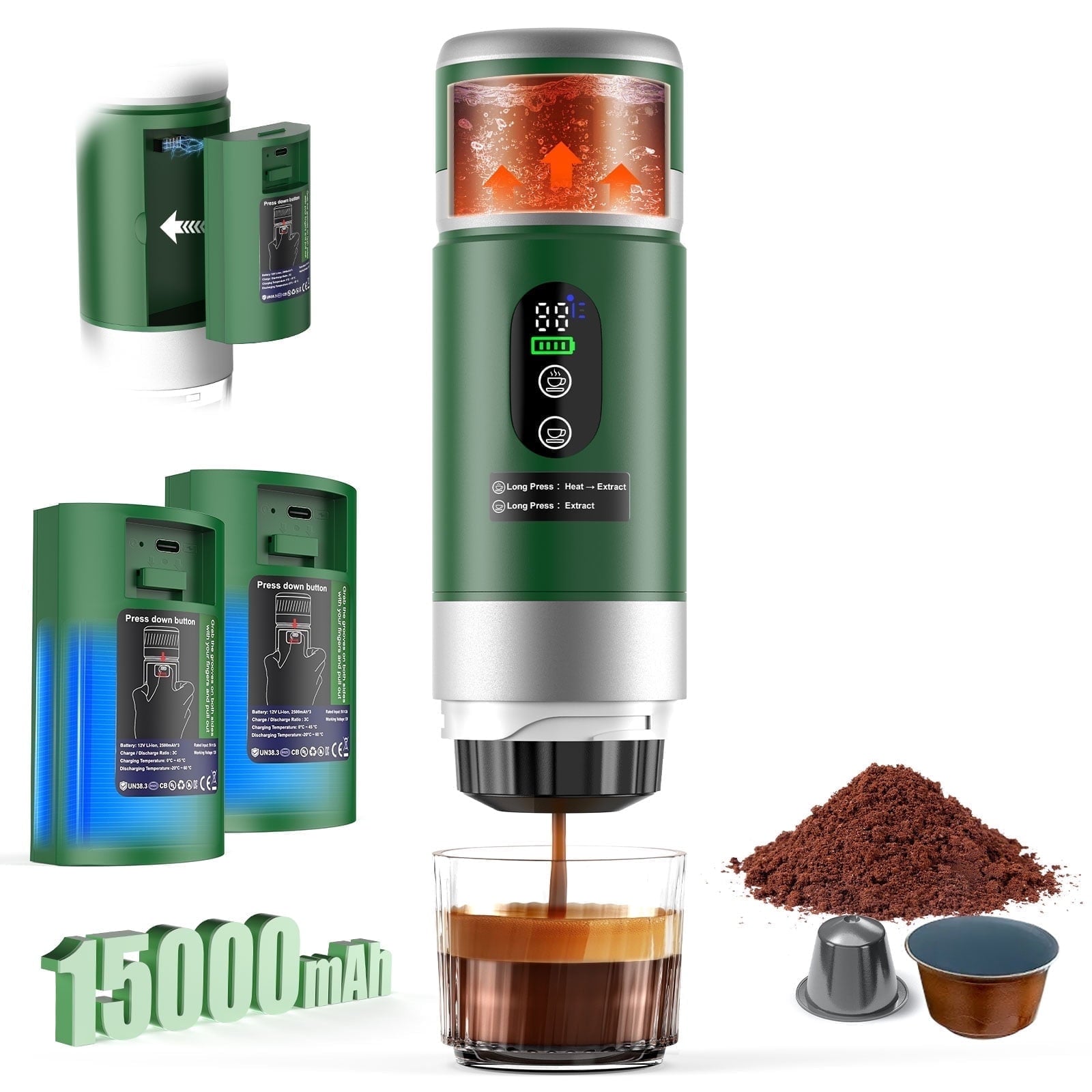 Portable Coffee Machine with 2 Removable Batteries 15,000mAh, USB-C Espresso Machine, Camping Coffee Makers, Electric Coffee Maker for Camping & Travel, 80ml Hot/Cold Coffee