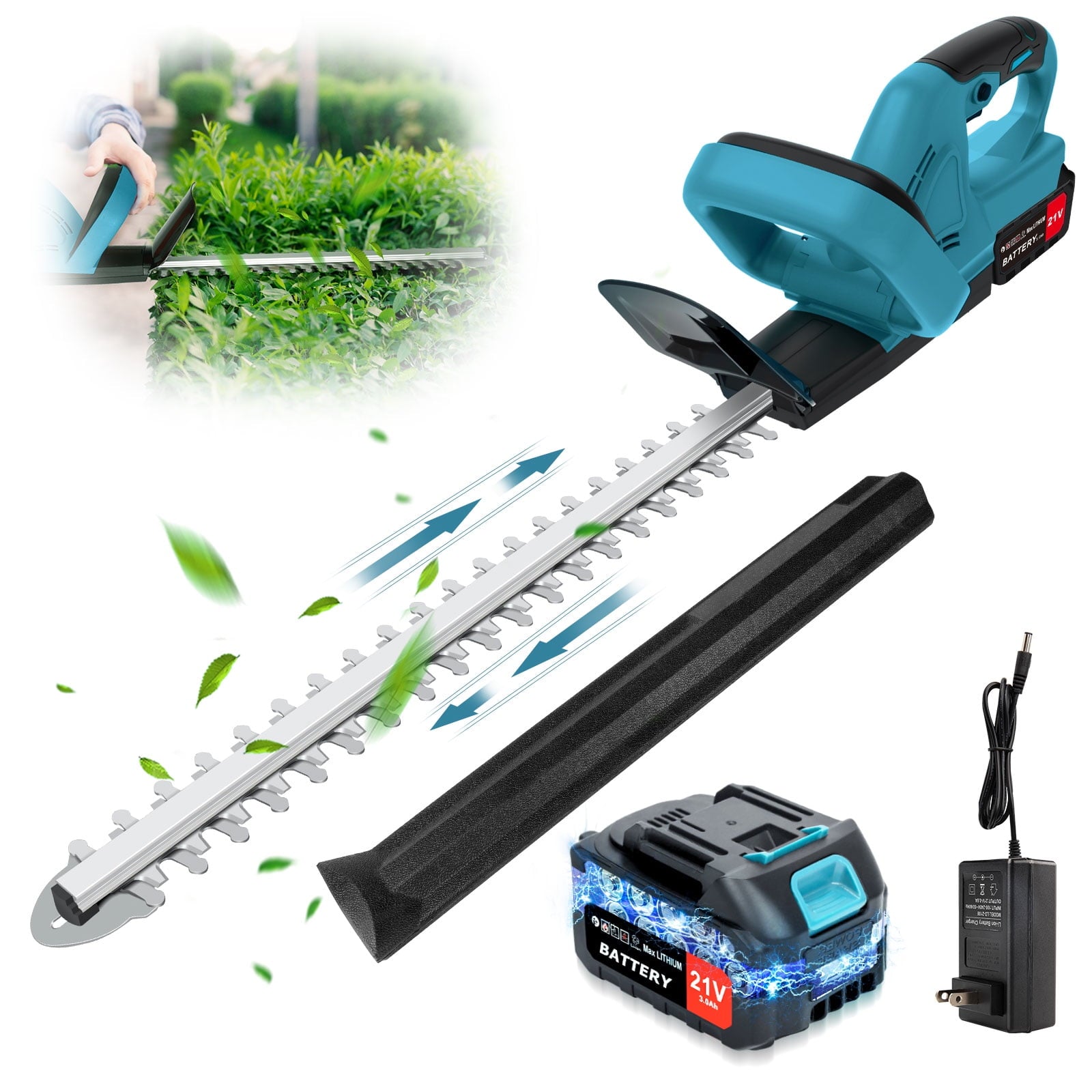 Tanbaby 21V 22" Cordless Electric Hedge Trimmer with 3.0Ah Battery & Charger for Bush & Shrub Cutting, Trimming, Pruning