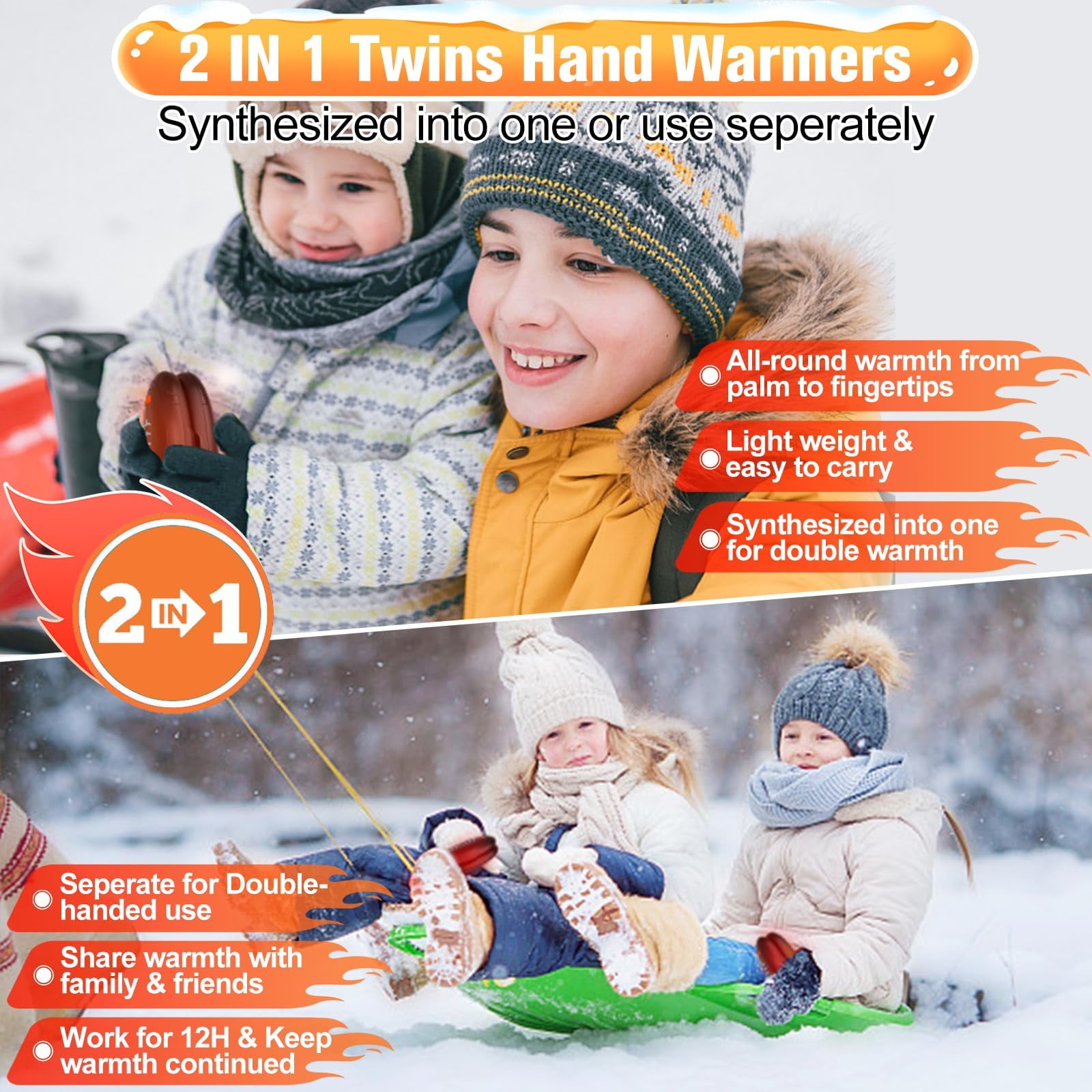 2-in-1 Electric Hand Warmers Rechargeable,2000mAh Portable Dual-Sided Handwarmer, 3 Levels Fast Heating Pocket Warmers Gifts for Christmas,Outdoor,Camping