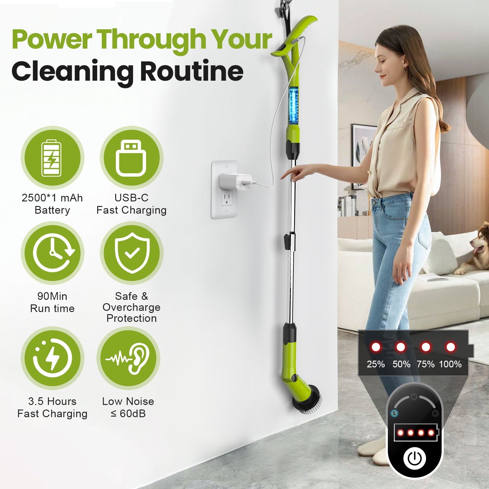 Amiluo Electric Spin Scrubber, 600RPM Cordless Cleaning Brush, 8 Replaceable Brush Heads & Extension Arm Adjustable 3 Speeds, for Clean Bathroom, Floor