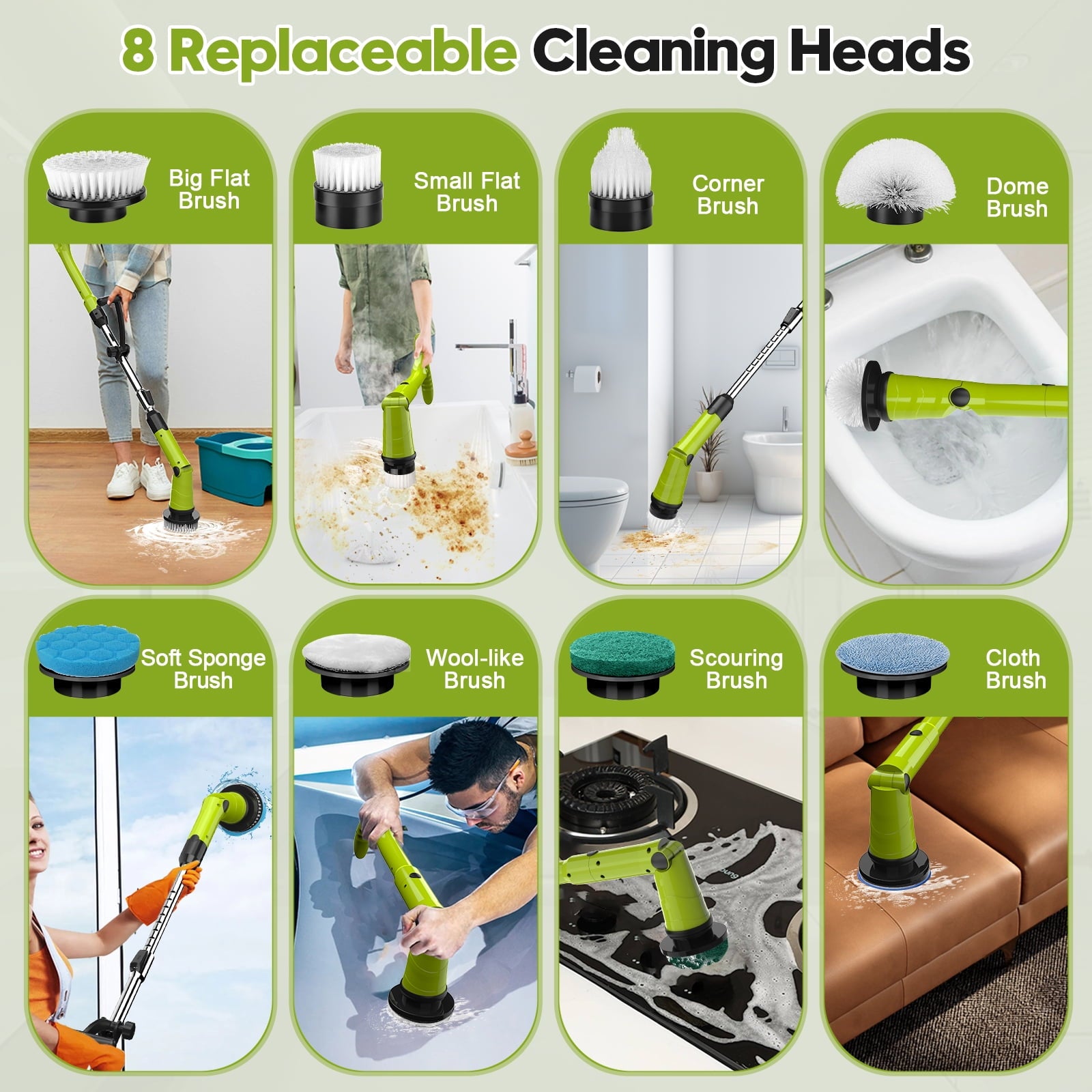 Amiluo Electric Spin Scrubber, 600RPM Cordless Cleaning Brush, 8 Replaceable Brush Heads & Extension Arm Adjustable 3 Speeds, for Clean Bathroom, Floor