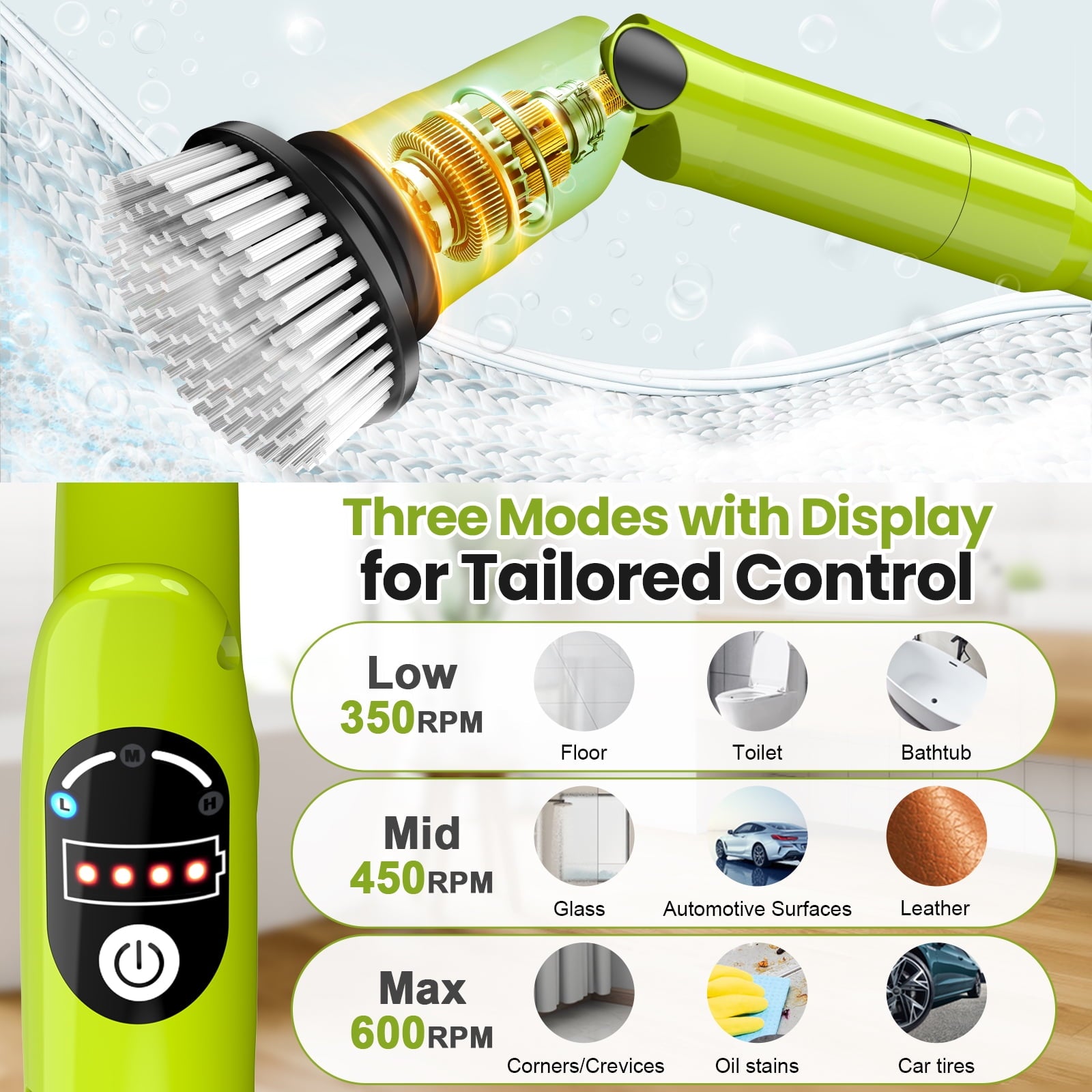 Amiluo Electric Spin Scrubber, 600RPM Cordless Cleaning Brush, 8 Replaceable Brush Heads & Extension Arm Adjustable 3 Speeds, for Clean Bathroom, Floor