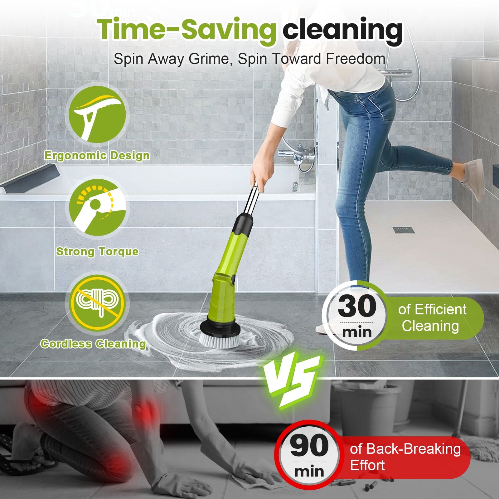 Amiluo Electric Spin Scrubber, 600RPM Cordless Cleaning Brush, 8 Replaceable Brush Heads & Extension Arm Adjustable 3 Speeds, for Clean Bathroom, Floor