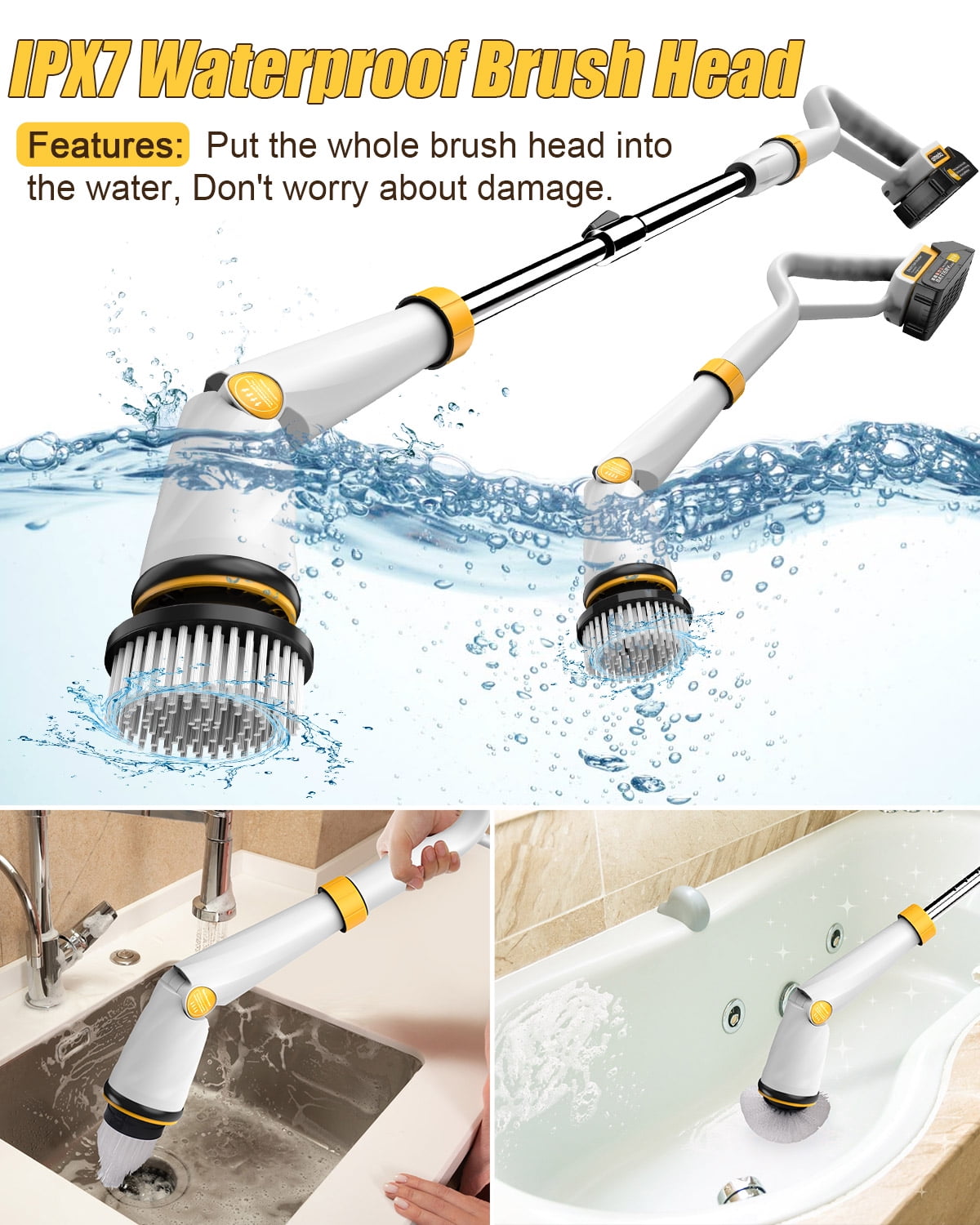 1500 RPM Electric Spin Scrubber with 2 Battery, Amiluo Upgraded Shower Cordless Cleaning Brush with Effortless Handle for Bathroom/Tub/Tile