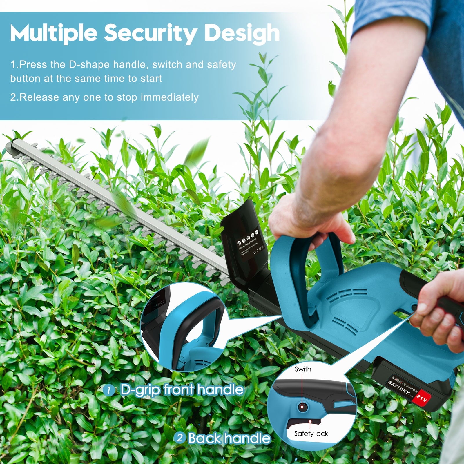 Tanbaby 21V 22" Cordless Electric Hedge Trimmer with 3.0Ah Battery & Charger for Bush & Shrub Cutting, Trimming, Pruning