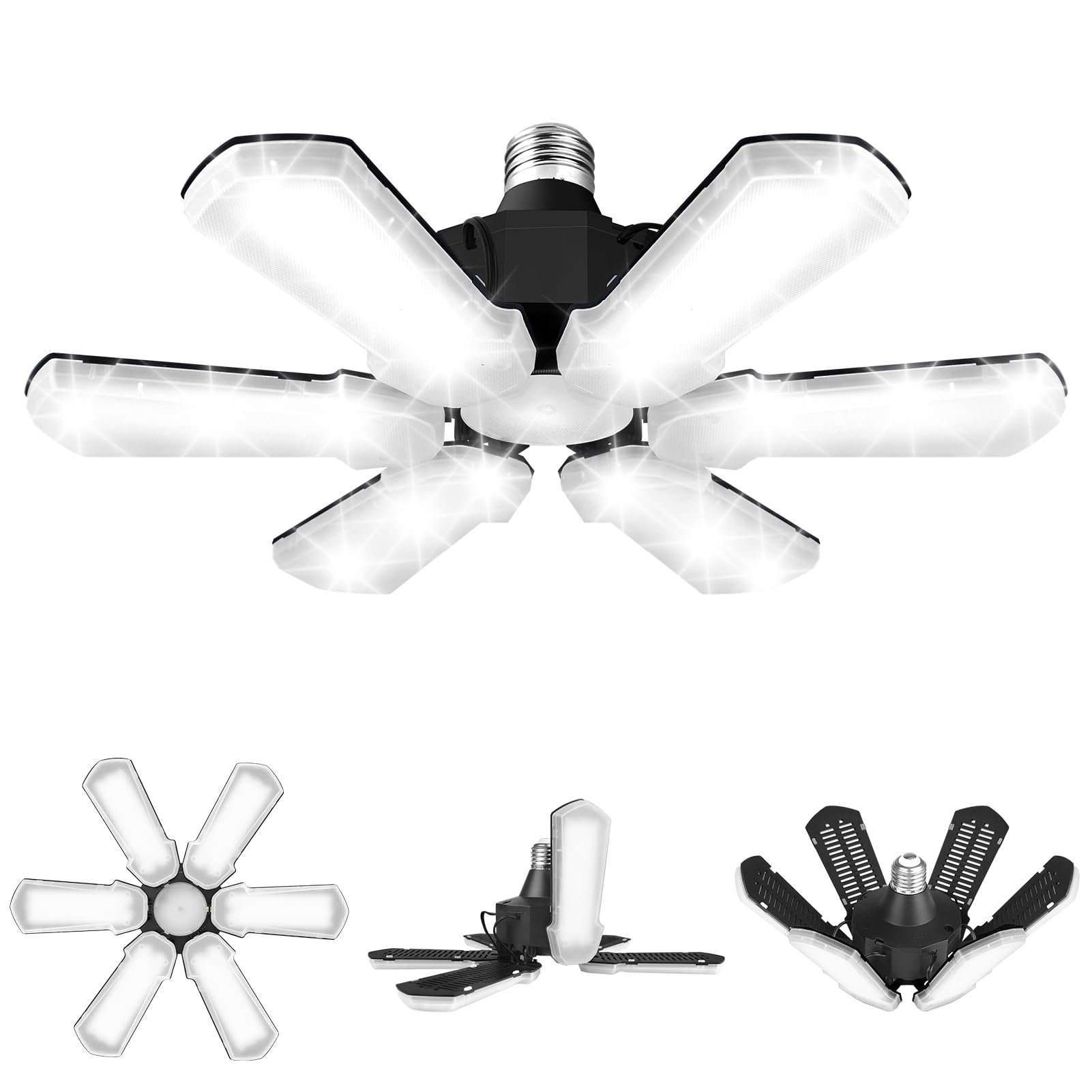 Yannovus LED Garage Light, 150W Deformable Ceiling LED Shop Light, 15000LM E26/E27 Garage Lighting with 6+1 Adjustable Panels Bulb for Basement