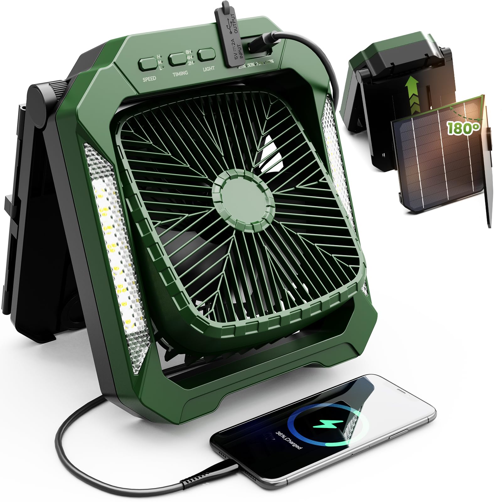 green camping hurricane 26800mAh Rechargeable Solar Fan with LED Lantern, Portable Fan Cordless with 18W Foldable Solar Panel, 3 Speed,Timer,Quiet,USB-C Battery Powered for
