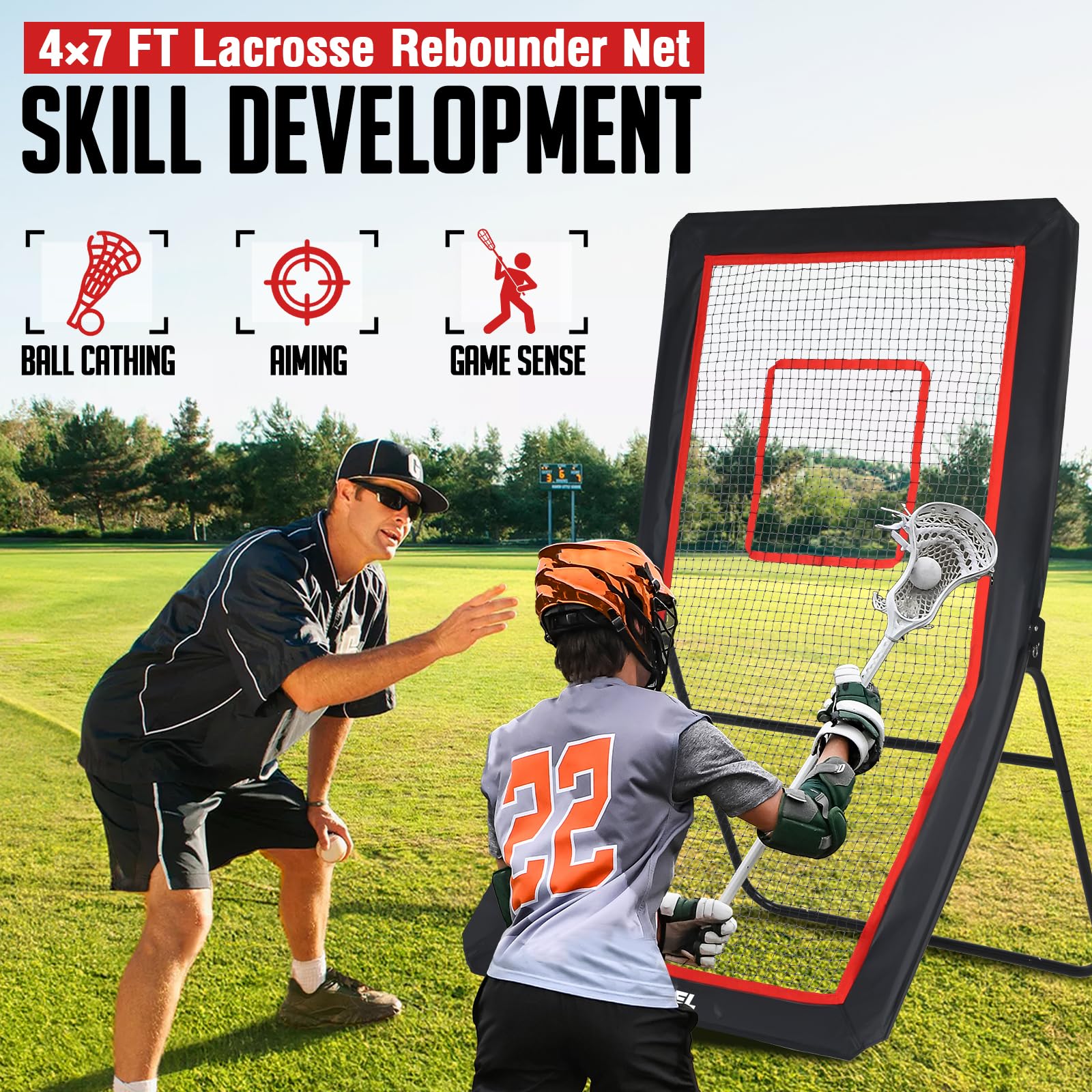 Kidovin Lacrosse Rebounder, 4 X 7 ft Softball Net with 5 Adjustable Angles & Target Strip, Baseball Net for Hitting and Pitching