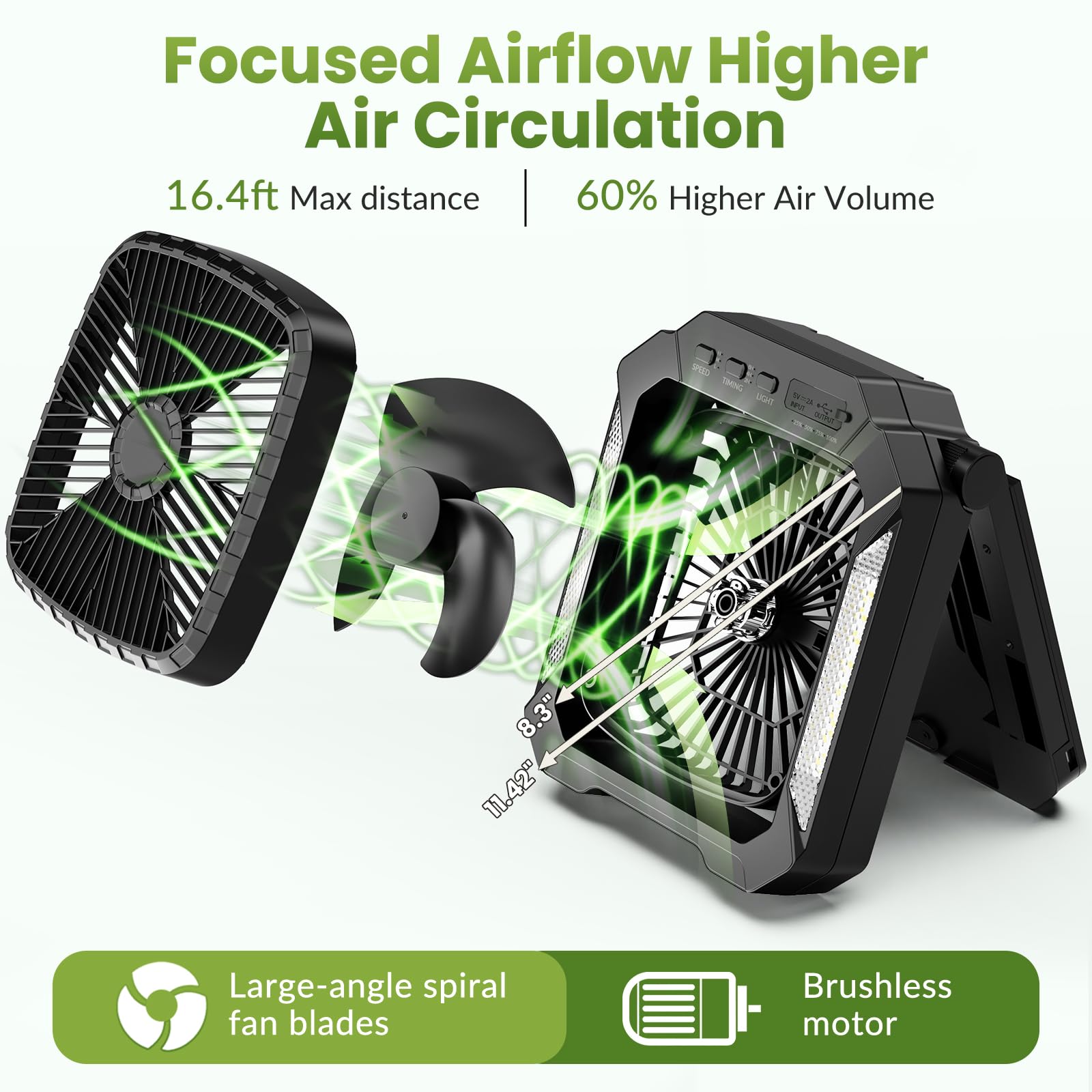 26800mAh Rechargeable Solar Fan with LED Lantern, Portable Fan Cordless with 18W Foldable Solar Panel, 3 Speed,Timer,Quiet,USB-C Battery Powered for Camping Hurricane Tent Worksite Office Desk (Black