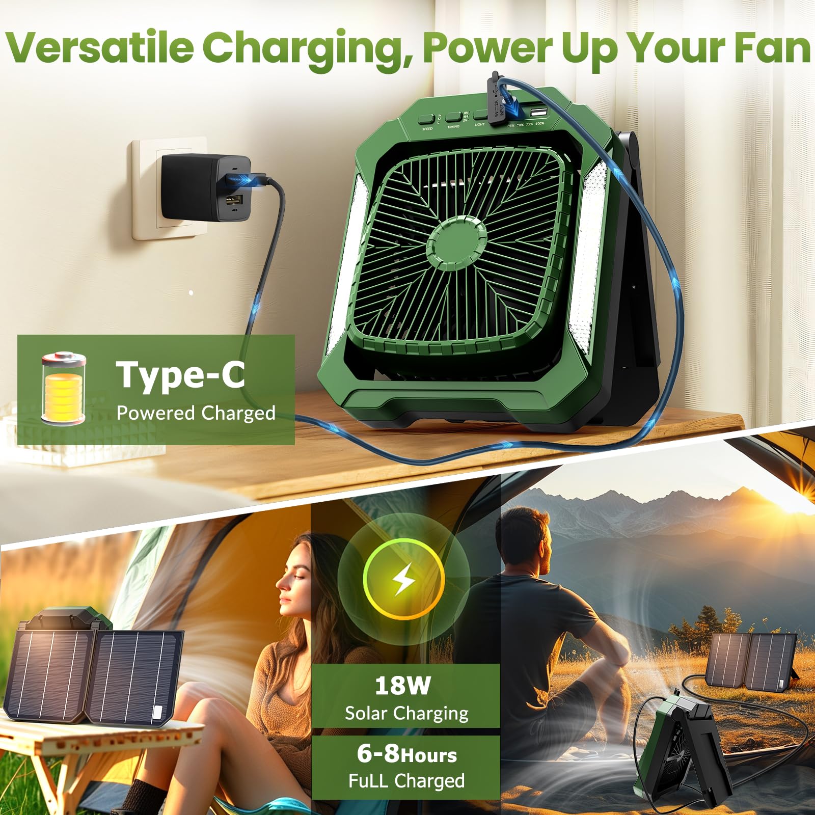 26800mAh Rechargeable Solar Fan with LED Lantern, Portable Fan Cordless with 18W Foldable Solar Panel, 3 Speed,Timer,Quiet,USB-C Battery Powered for Camping Hurricane Tent Worksite Office Desk(Green)