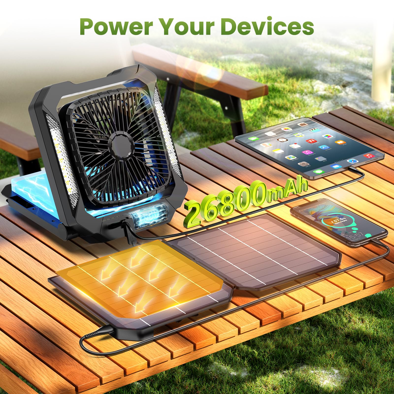 26800mAh Rechargeable Solar Fan with LED Lantern, Portable Fan Cordless with 18W Foldable Solar Panel, 3 Speed,Timer,Quiet,USB-C Battery Powered for Camping Hurricane Tent Worksite Office Desk (Black