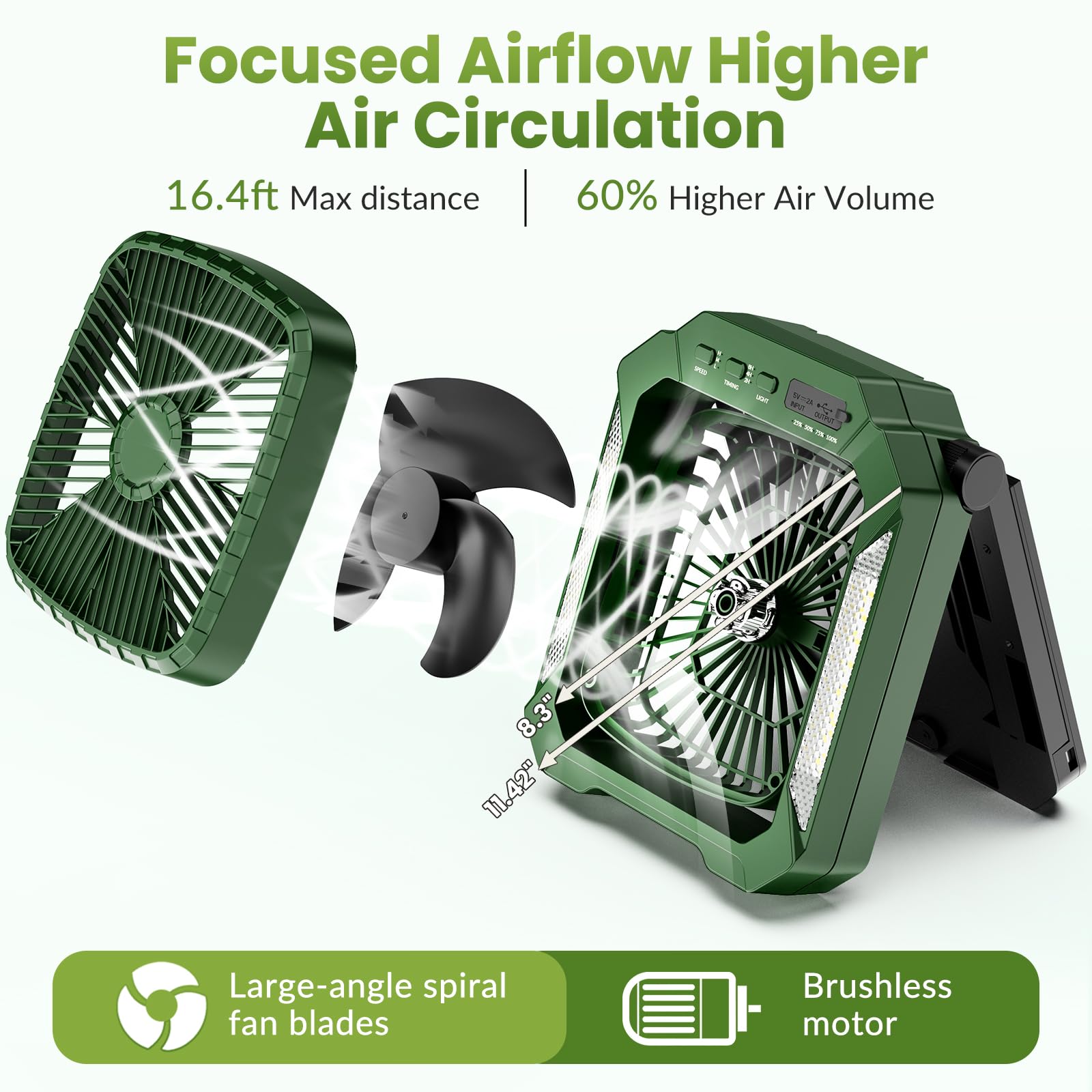 26800mAh Rechargeable Solar Fan with LED Lantern, Portable Fan Cordless with 18W Foldable Solar Panel, 3 Speed,Timer,Quiet,USB-C Battery Powered for Camping Hurricane Tent Worksite Office Desk(Green)