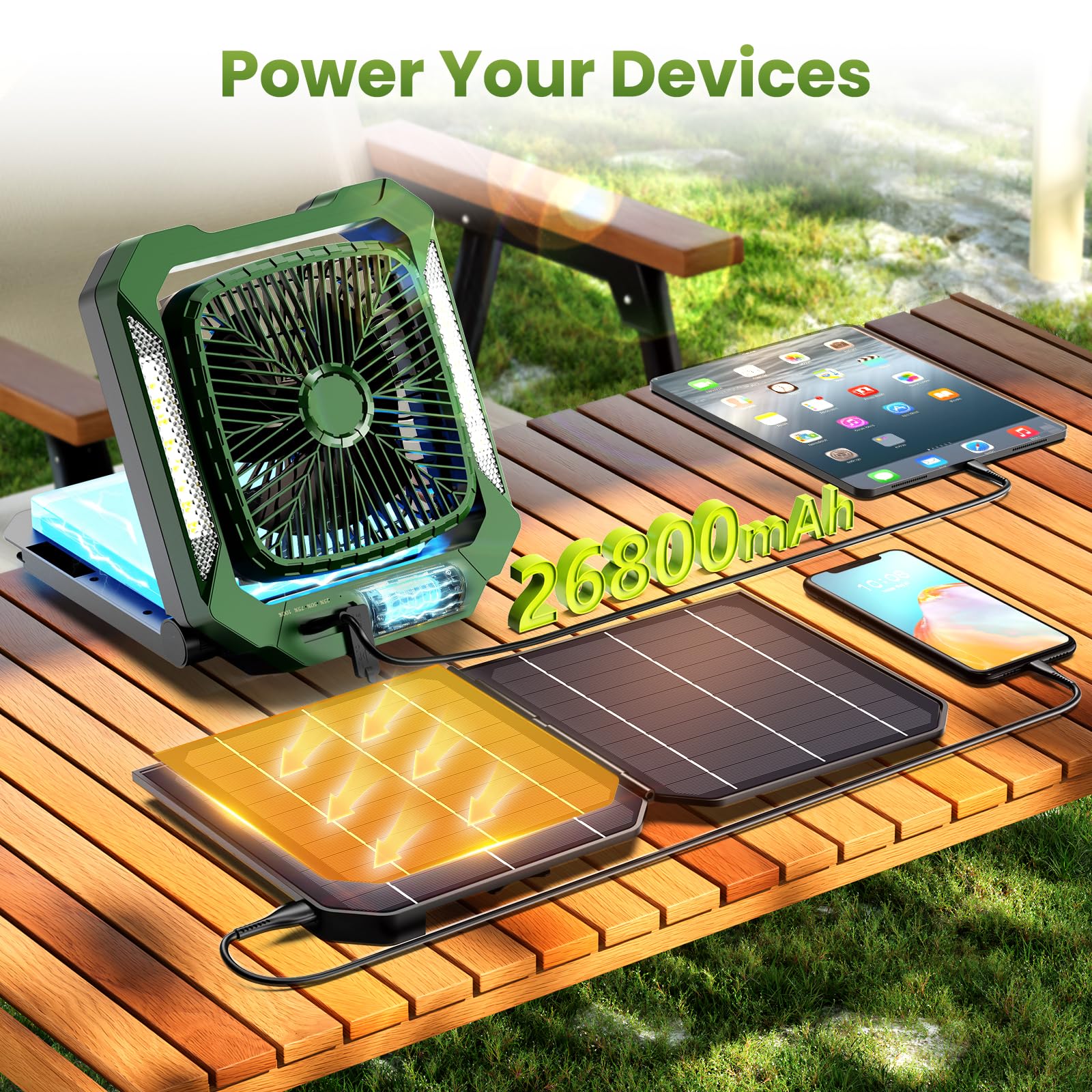 26800mAh Rechargeable Solar Fan with LED Lantern, Portable Fan Cordless with 18W Foldable Solar Panel, 3 Speed,Timer,Quiet,USB-C Battery Powered for Camping Hurricane Tent Worksite Office Desk(Green)