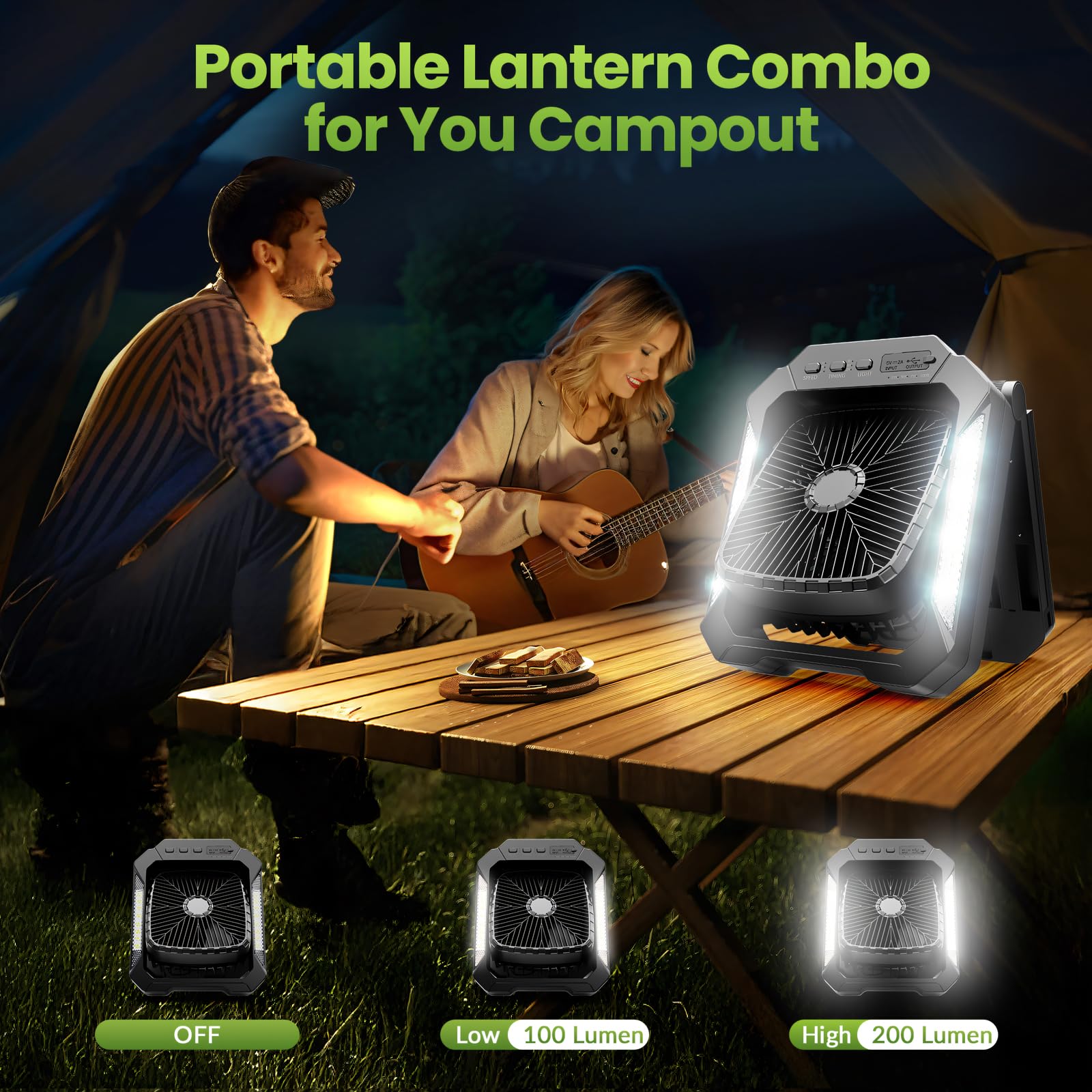 26800mAh Rechargeable Solar Fan with LED Lantern, Portable Fan Cordless with 18W Foldable Solar Panel, 3 Speed,Timer,Quiet,USB-C Battery Powered for Camping Hurricane Tent Worksite Office Desk (Black