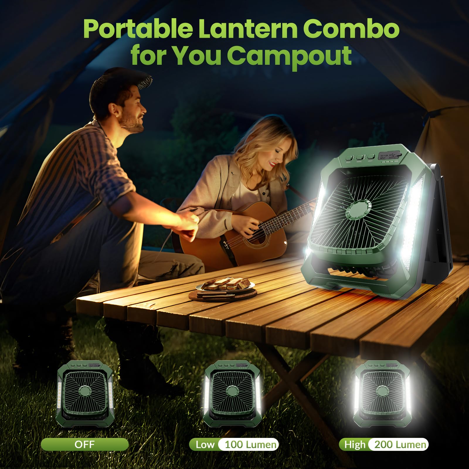 26800mAh Rechargeable Solar Fan with LED Lantern, Portable Fan Cordless with 18W Foldable Solar Panel, 3 Speed,Timer,Quiet,USB-C Battery Powered for Camping Hurricane Tent Worksite Office Desk(Green)