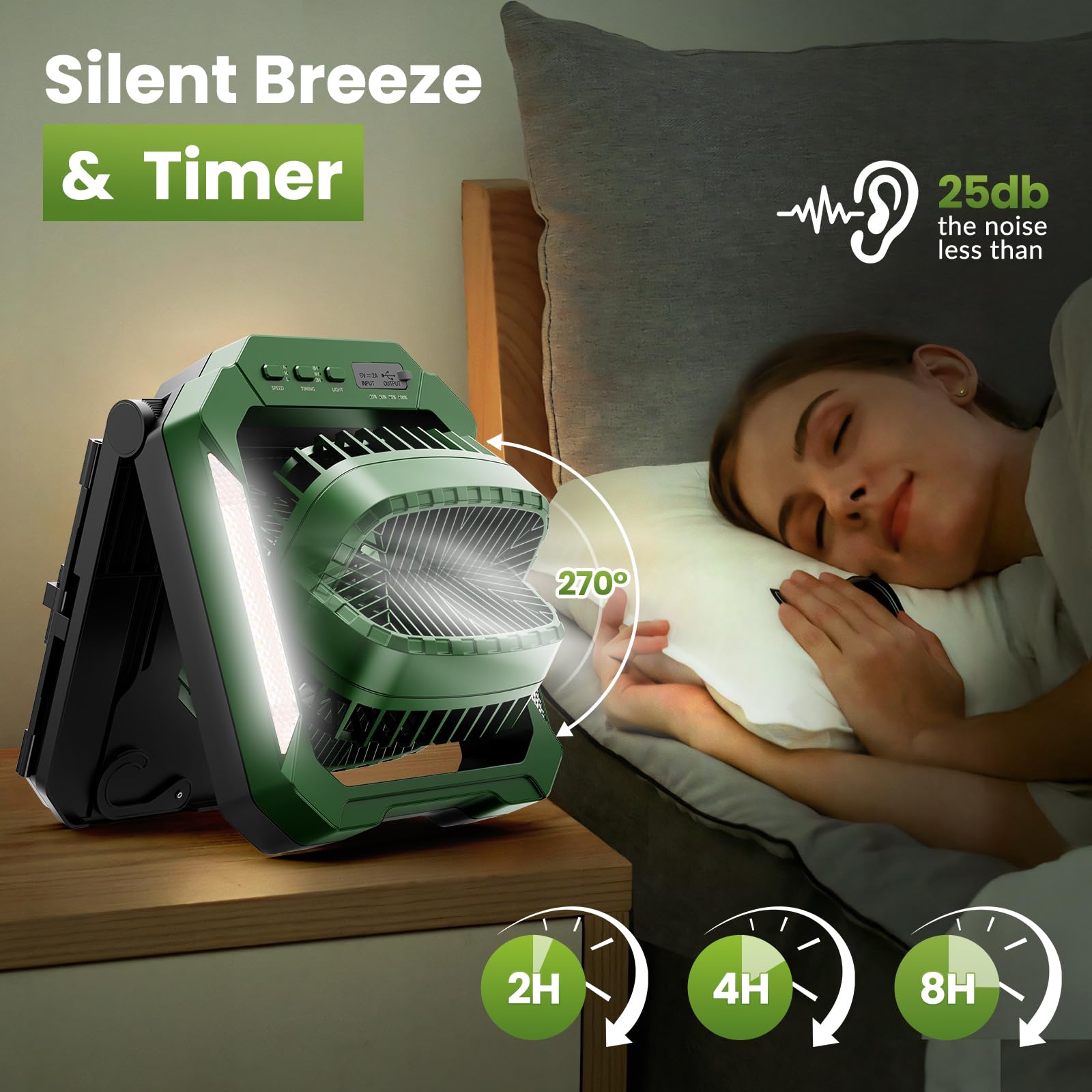 26800mAh Rechargeable Solar Fan with LED Lantern, Portable Fan Cordless with 18W Foldable Solar Panel, 3 Speed,Timer,Quiet,USB-C Battery Powered for Camping Hurricane Tent Worksite Office Desk(Green)